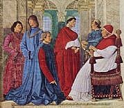 Fresko: Papst Sixtus IV. ernennt Platina zum Präfekten der Bibliothek; CC BY-SA The Yorck Project, Zenodot Verlagsgesellschaft mbH